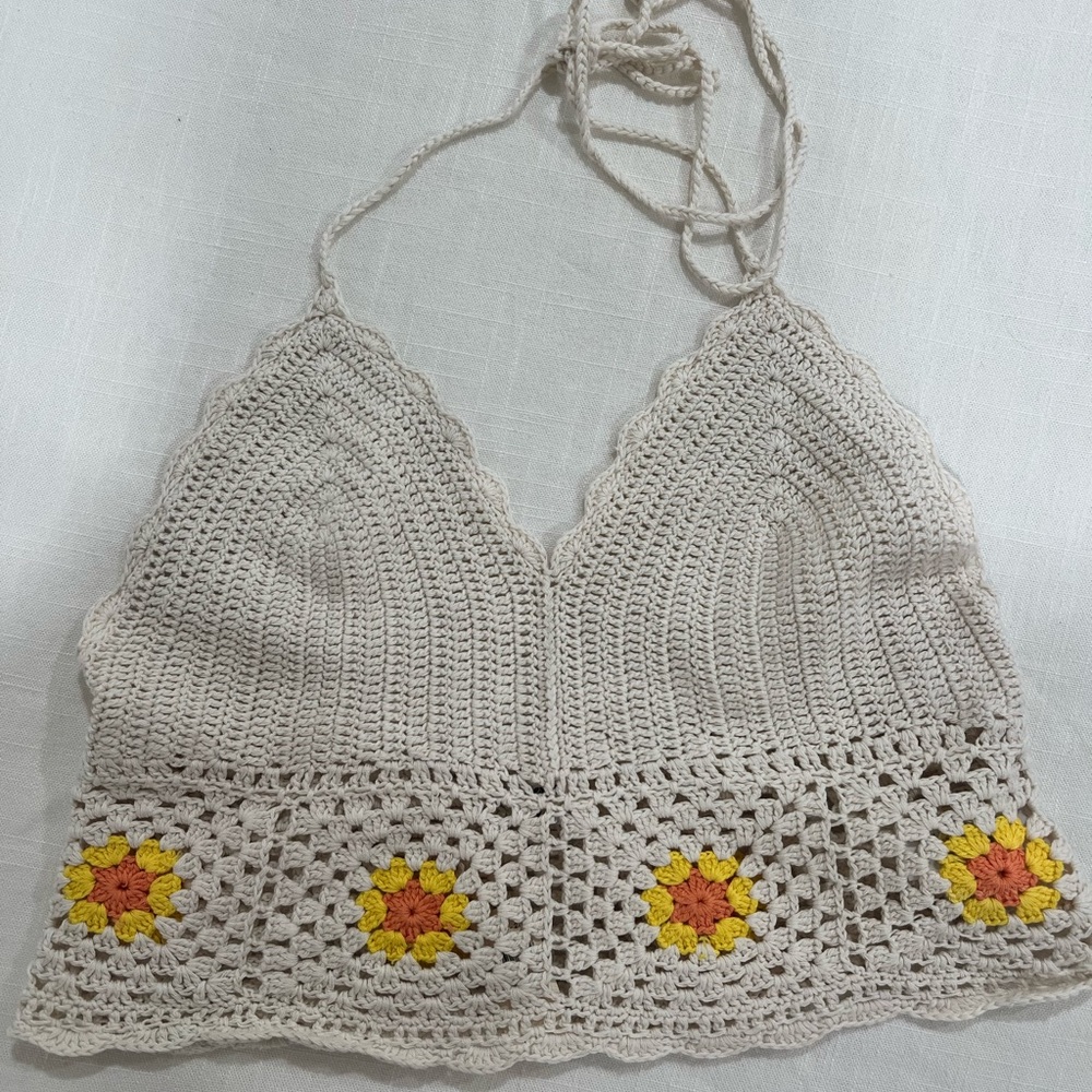 Aerie Crochet Halter Top - Cream with Yellow and Orange Accents